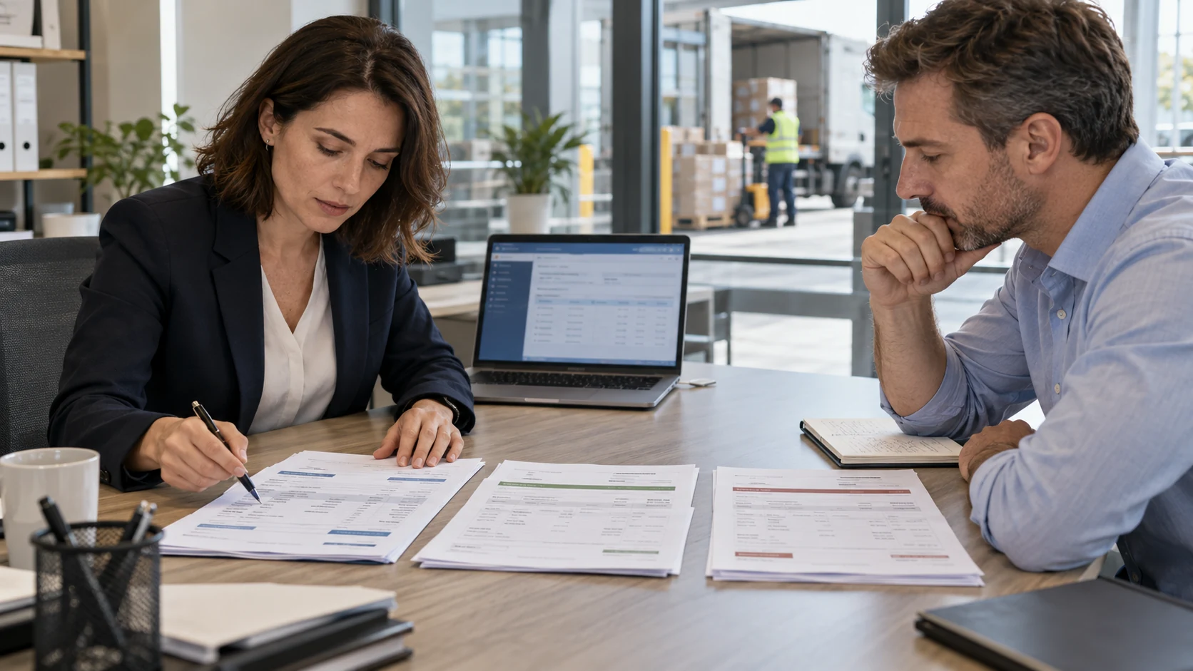 Accounts Payable specialists comparing a purchase order, goods receipt and supplier invoice beside a laptop